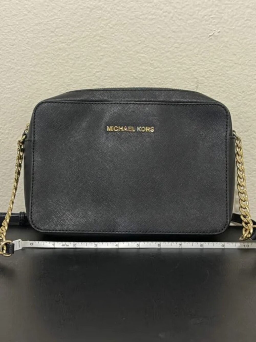 Michael Kors Womens Jet Set Crossbody Bag Saffiano Leather Black/Gold